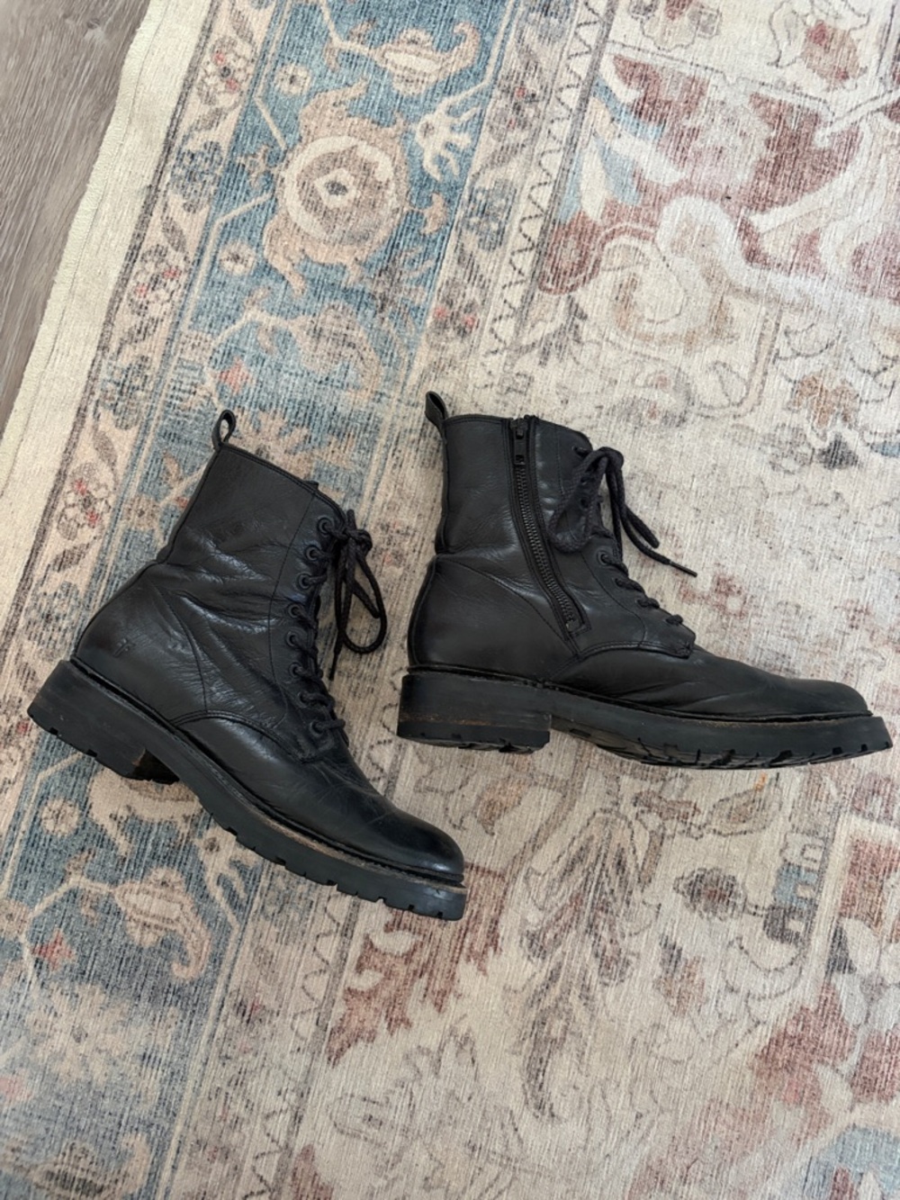 FRYE Black Leather Lace-Up Combat Boots, size 8